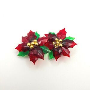 Vintage Poinsettia Christmas Clip On Earrings Red Green Acrylic Holiday